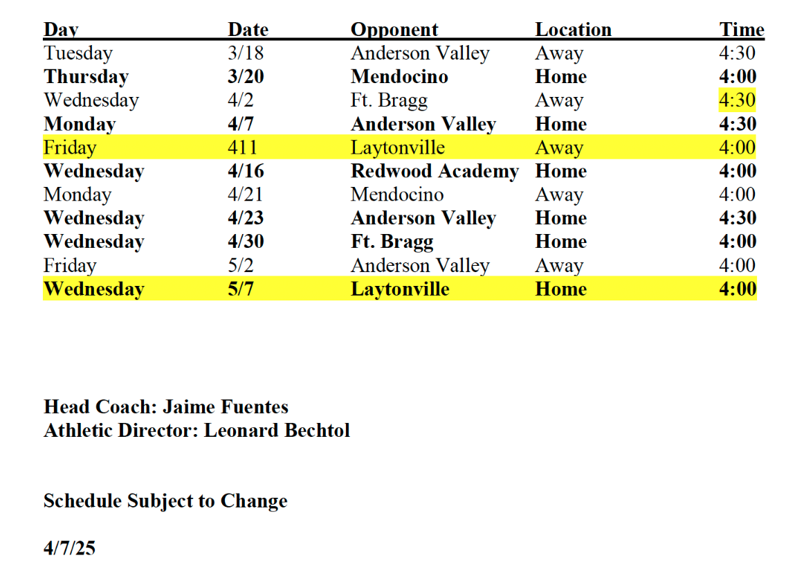 soccer schedule updated april 2025